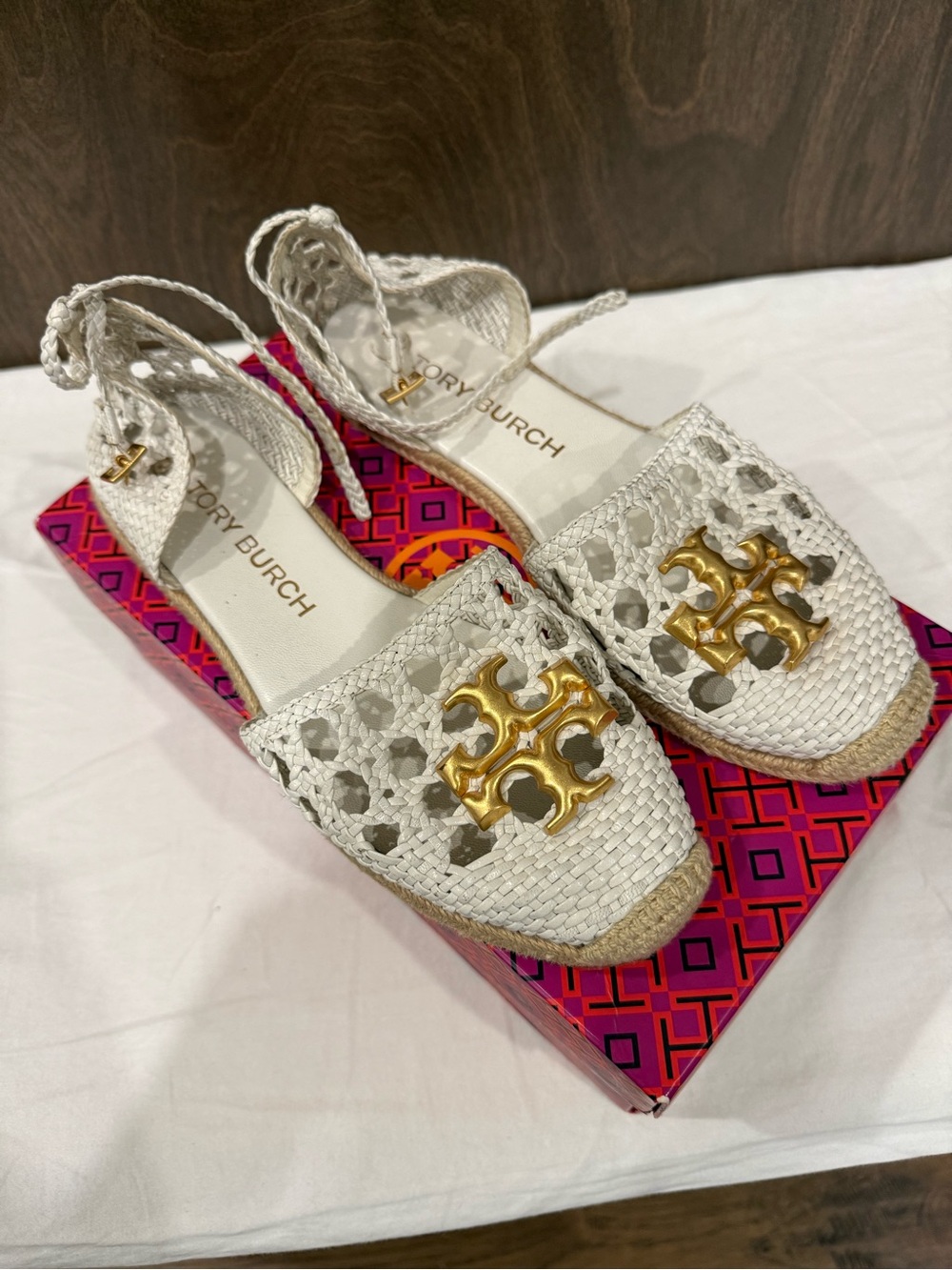 Tory Burch White Woven Espadrille Sandals with Gold Logo Accent